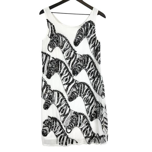 Maeve Anthropologie Beaded Sequins Mini Shift Zebra Dress White Black - S - Picture 1 of 12